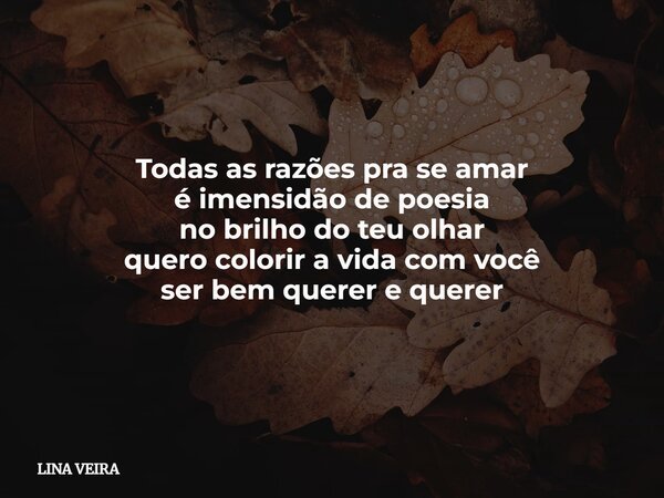 Todas as razões pra se amar é imensidão de poesia no brilho do teu olhar quero colorir a vida com você ser bem querer e querer... Frase de LINA VEIRA.