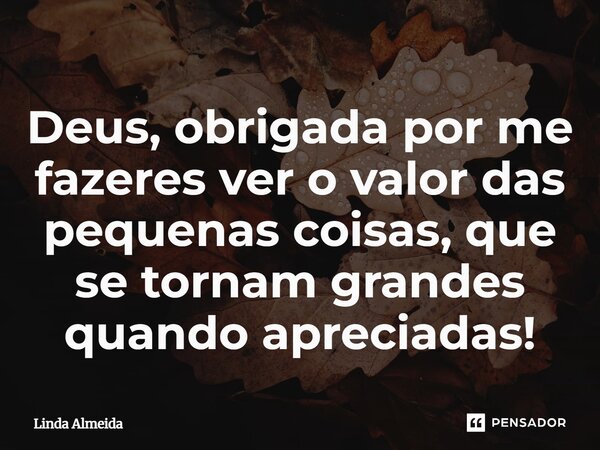 ⁠Deus, obrigada por me fazeres ver o valor das pequenas coisas, que se tornam grandes quando apreciadas!... Frase de Linda Almeida.