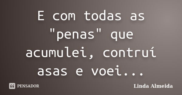 E com todas as "penas" que acumulei, contruí asas e voei...... Frase de Linda Almeida.