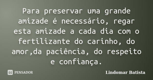 Para preservar uma grande amizade é necessário, regar esta amizade a cada dia com o fertilizante do carinho, do amor,da paciência, do respeito e confiança.... Frase de Lindomar Batista.