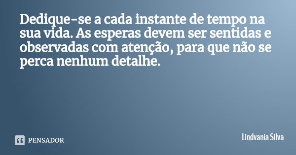 Dedique-se a cada instante de tempo na sua vida. As esperas devem ser sentidas e observadas com atenção, para que não se perca nenhum detalhe.... Frase de Lindvania Silva.