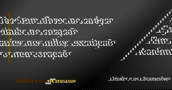 Você tem flores na cabeça E pétalas no coração Tem raízes nos olhos, excitação Acalenta o meu coração... Frase de Liniker e os Caramelows.