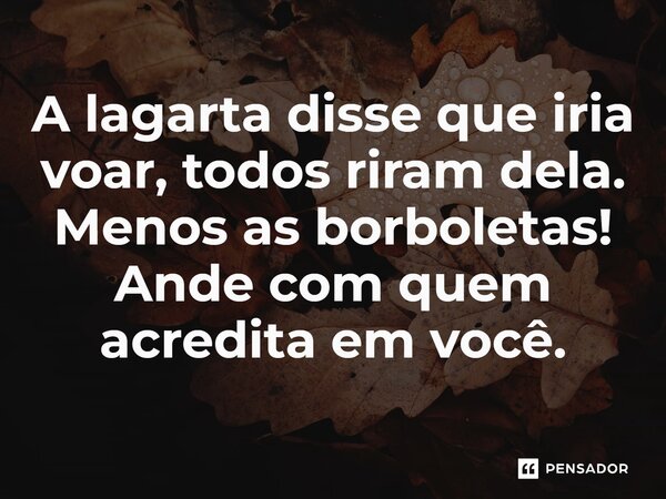 A lagarta disse que iria voar, todos riram dela. Menos as borboletas! Ande com quem acredita em você.