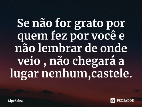 ⁠Se não for grato por quem fez por você e não lembrar de onde veio , não chegará a lugar nenhum,castele.... Frase de LipeSalez.