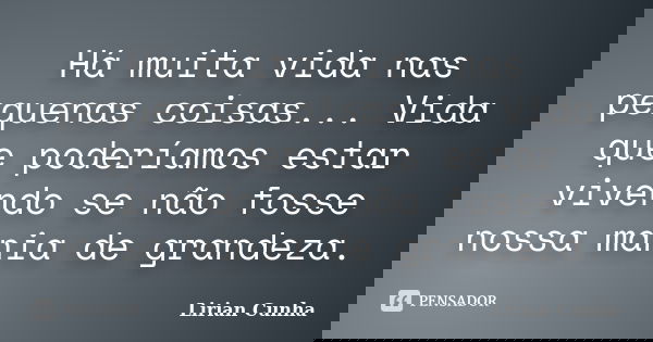 Há muita vida nas pequenas coisas... Vida que poderíamos estar vivendo se não fosse nossa mania de grandeza.... Frase de Lirian Cunha.