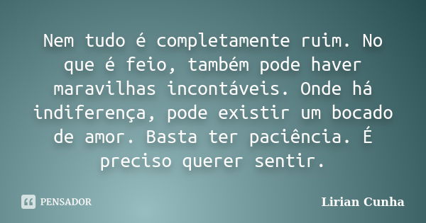 Nem tudo é completamente ruim. No que é feio, também pode haver maravilhas incontáveis. Onde há indiferença, pode existir um bocado de amor. Basta ter paciência... Frase de Lirian Cunha.