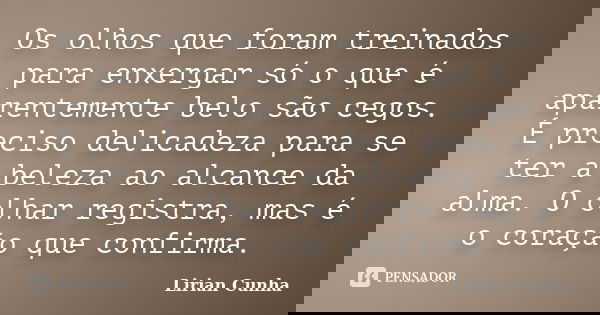Os olhos que foram treinados para enxergar só o que é aparentemente belo são cegos. É preciso delicadeza para se ter a beleza ao alcance da alma. O olhar regist... Frase de Lirian Cunha.