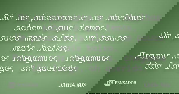 Só os pássaros e as abelhas sabem o que temos, Um pouco mais alto, um pouco mais baixo, Porque nós chegamos, chegamos tão longe, oh querido.... Frase de Little Mix.