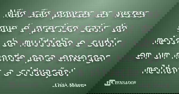 Não são poucas as vezes que é preciso sair do meio da multidão e subir em um monte para enxergar melhor a situação!... Frase de Lívia Moura.