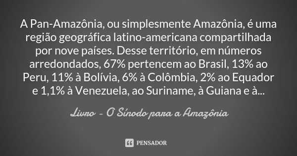 A Pan-Amazônia, ou simplesmente Amazônia, é uma região geográfica latino-americana compartilhada por nove países. Desse território, em números arredondados, 67%... Frase de Livro - O Sínodo para a Amazônia.
