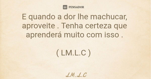 E quando a dor lhe machucar, aproveite . Tenha certeza que aprenderá muito com isso . ( LM.L.C )... Frase de LM.L.C.