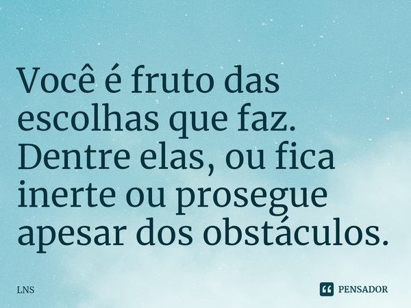 ⁠Você é fruto das escolhas que faz. Dentre elas, ou fica inerte ou prosegue apesar dos obstáculos.... Frase de LNS.