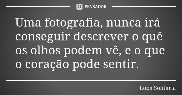 Uma fotografia, nunca irá conseguir descrever o quê os olhos podem vê, e o que o coração pode sentir.... Frase de Loba Solitária.