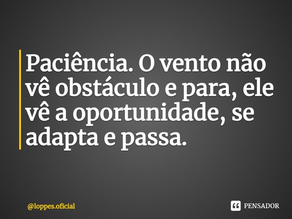 ⁠⁠Paciência. O vento não vê obstáculo e para, ele vê a oportunidade, se adapta e passa.... Frase de loppes.oficial.