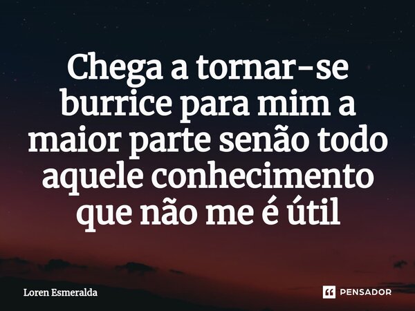 ⁠Chega a tornar-se burrice para mim a maior parte senão todo aquele conhecimento que não me é útil... Frase de Loren Esmeralda.