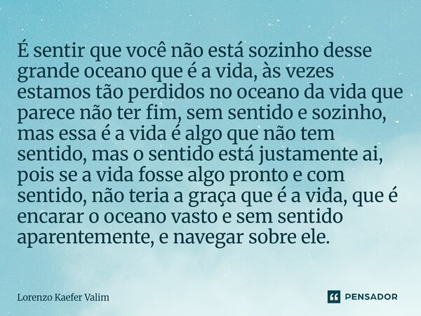 ⁠É sentir que você não está sozinho desse grande oceano que é a vida, às vezes estamos tão perdidos no oceano da vida que parece não ter fim, sem sentido e sozi... Frase de Lorenzo Kaefer Valim.