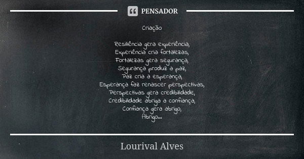 Criação Resiliência gera experiência, Experiência cria fortalezas, Fortalezas gera segurança, Segurança produz a paz, Paz cria a esperança, Esperança faz renasc... Frase de Lourival Alves.