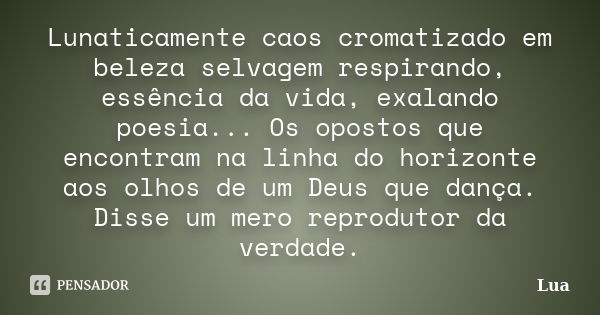 Lunaticamente caos cromatizado em beleza selvagem respirando, essência da vida, exalando poesia... Os opostos que encontram na linha do horizonte aos olhos de u... Frase de lua.