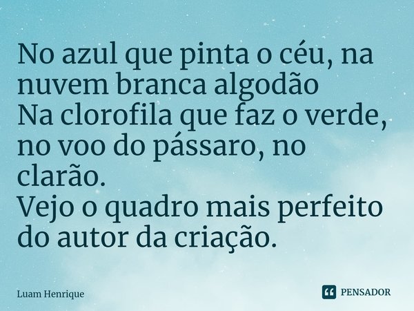 ⁠No azul que pinta o céu, na nuvem branca algodão
Na clorofila que faz o verde, no voo do pássaro, no clarão.
Vejo o quadro mais perfeito do autor da criação.... Frase de Luam Henrique.