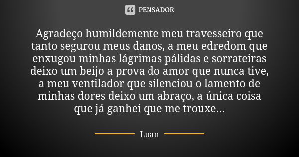 Agradeço humildemente meu travesseiro que tanto segurou meus danos, a meu edredom que enxugou minhas lágrimas pálidas e sorrateiras deixo um beijo a prova do am... Frase de Luan.