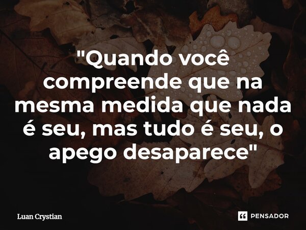 ⁠"Quando você compreende que na mesma medida que nada é seu, mas tudo é seu, o apego desaparece"... Frase de Luan Crystian.