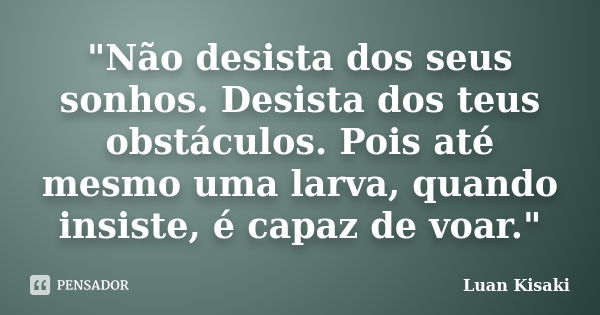 "Não desista dos seus sonhos. Desista dos teus obstáculos. Pois até mesmo uma larva, quando insiste, é capaz de voar."... Frase de Luan Kisaki.