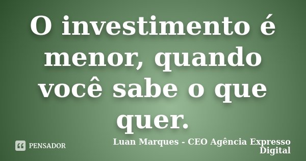 O investimento é menor, quando você sabe o que quer.... Frase de Luan Marques - CEO Agência Expresso Digital.