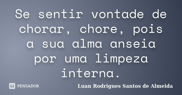 Se sentir vontade de chorar, chore, pois a sua alma anseia por uma limpeza interna.... Frase de Luan Rodrigues Santos de Almeida.