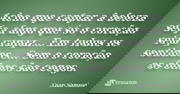 Acho que captar a beleza seja algo que só o coração seja capaz... Em todos os sentidos... Sem o coração os olhos são cegos.... Frase de Luan Samuel.