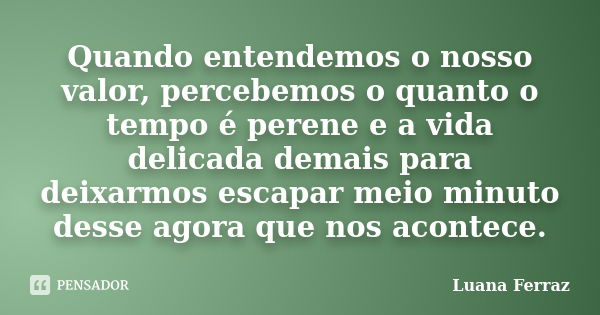 Quando entendemos o nosso valor, percebemos o quanto o tempo é perene e a vida delicada demais para deixarmos escapar meio minuto desse agora que nos acontece.... Frase de Luana Ferraz.