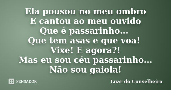 Ela pousou no meu ombro E cantou ao meu ouvido Que é passarinho... Que tem asas e que voa! Vixe! E agora?! Mas eu sou céu passarinho... Não sou gaiola!... Frase de Luar do Conselheiro.