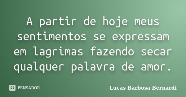 A partir de hoje meus sentimentos se expressam em lagrimas fazendo secar qualquer palavra de amor.... Frase de Lucas Barbosa Bernardi.