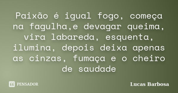 Paixão é igual fogo, começa na fagulha,e devagar queima, vira labareda, esquenta, ilumina, depois deixa apenas as cinzas, fumaça e o cheiro de saudade... Frase de Lucas Barbosa.