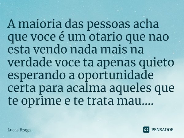 ⁠A maioria das pessoas acha que voce é um otario que nao esta vendo nada mais na verdade voce ta apenas quieto esperando a oportunidade certa para acalma aquele... Frase de Lucas Braga.