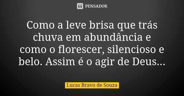 Como a leve brisa que trás chuva em abundância e como o florescer, silencioso e belo. Assim é o agir de Deus...... Frase de Lucas Bravo de Souza.