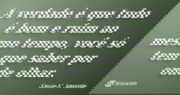 A verdade é que tudo é bom e ruim ao mesmo tempo, você só tem que saber por onde olhar.... Frase de Lucas C. Amorim.