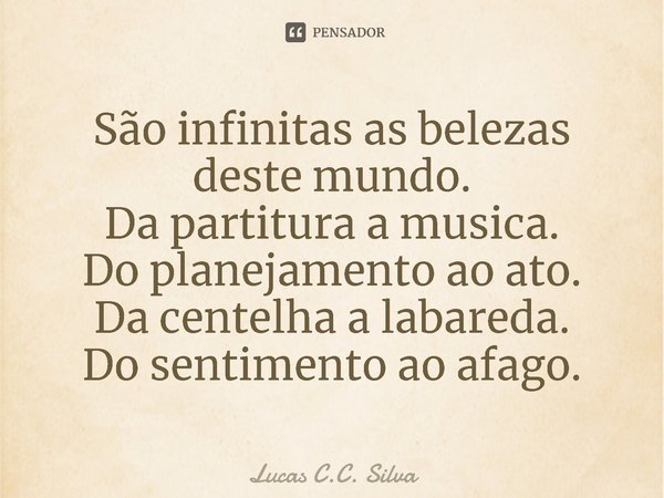⁠São infinitas as belezas deste mundo.
Da partitura a musica.
Do planejamento ao ato.
Da centelha a labareda.
Do sentimento ao afago.... Frase de Lucas C.C. Silva.