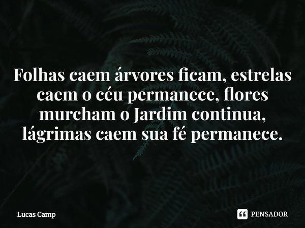 ⁠Folhas caem árvores ficam, estrelas caem o céu permanece, flores murcham o Jardim continua, lágrimas caem sua fé permanece.... Frase de Lucas Camp.