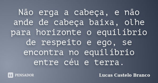 Não erga a cabeça, e não ande de cabeça baixa, olhe para horizonte o equilíbrio de respeito e ego, se encontra no equilíbrio entre céu e terra.... Frase de Lucas Castelo Branco.