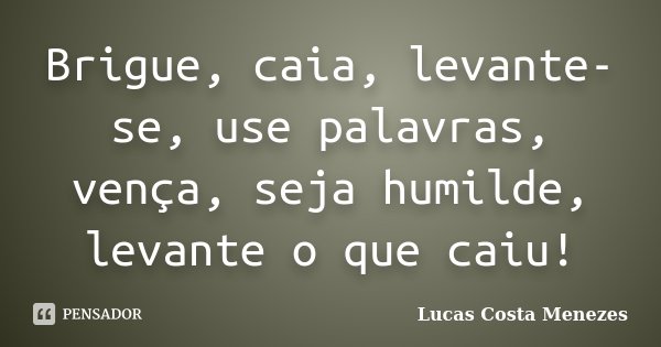 Brigue, caia, levante-se, use palavras, vença, seja humilde, levante o que caiu!... Frase de Lucas Costa Menezes.