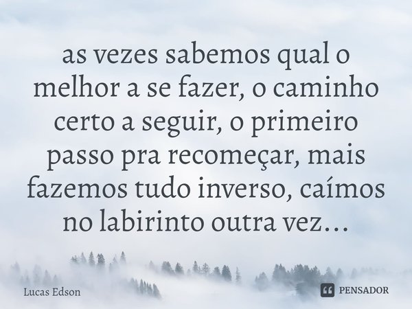 ⁠as vezes sabemos qual o melhor a se fazer, o caminho certo a seguir, o primeiro passo pra recomeçar, mais fazemos tudo inverso, caímos no labirinto outra vez..... Frase de Lucas Edson.