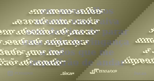 em meus olhos acorda uma raiva sem destino de parar uma sede de vingança a todos que me impedirão de andar... Frase de lucas.