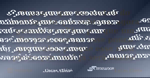 O pouco que me restou do sentimento que sobrava, agora guardo e cultivo pra que um dia você mereça esse pouco que tenho, porque esse meu pouco pra você já será ... Frase de Lucas Flávio.