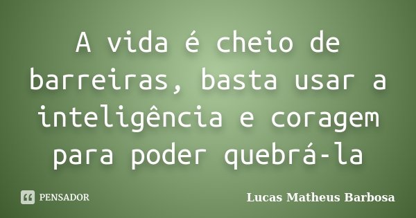 A vida é cheio de barreiras, basta usar a inteligência e coragem para poder quebrá-la... Frase de Lucas Matheus Barbosa.