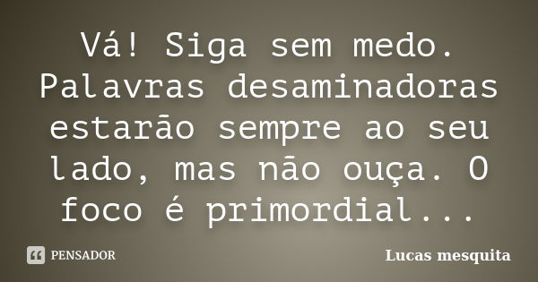 Vá! Siga sem medo. Palavras desaminadoras estarão sempre ao seu lado, mas não ouça. O foco é primordial...... Frase de Lucas Mesquita.