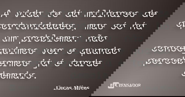 A vida te dá milhares de oportunidades, mas só há um problema: não conseguimos ver e quando percebermos já é tarde demais.... Frase de Lucas Mires.