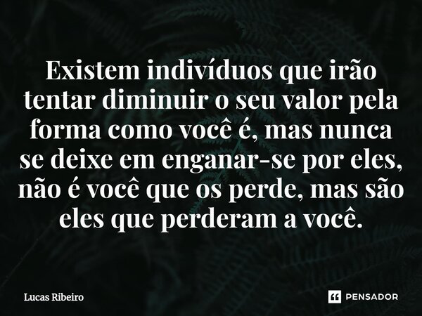 ⁠Existem indivíduos que irão tentar diminuir o seu valor pela forma como você é, mas nunca se deixe em enganar-se por eles, não é você que os perde, mas são ele... Frase de Lucas Ribeiro.