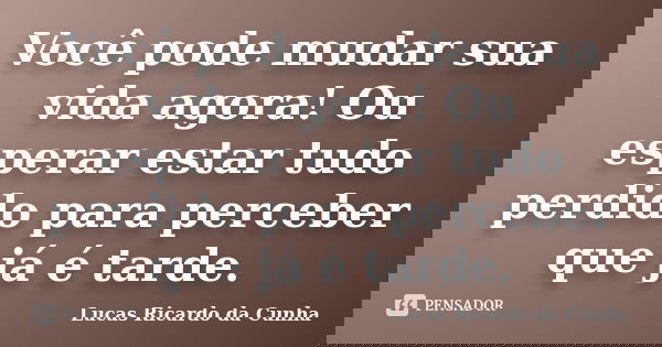 Você pode mudar sua vida agora! Ou esperar estar tudo perdido para perceber que já é tarde.... Frase de Lucas Ricardo da Cunha.