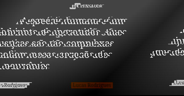A espécie humana é um labirinto de ingratidão. Suas injustiças são tão complexas que desaliam nosso coração dos neurônios.... Frase de Lucas Rodrigues.
