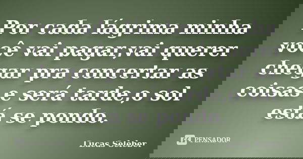 Por cada lágrima minha você vai pagar,vai querer chegar pra concertar as coisas e será tarde,o sol está se pondo.... Frase de Lucas Seleber.